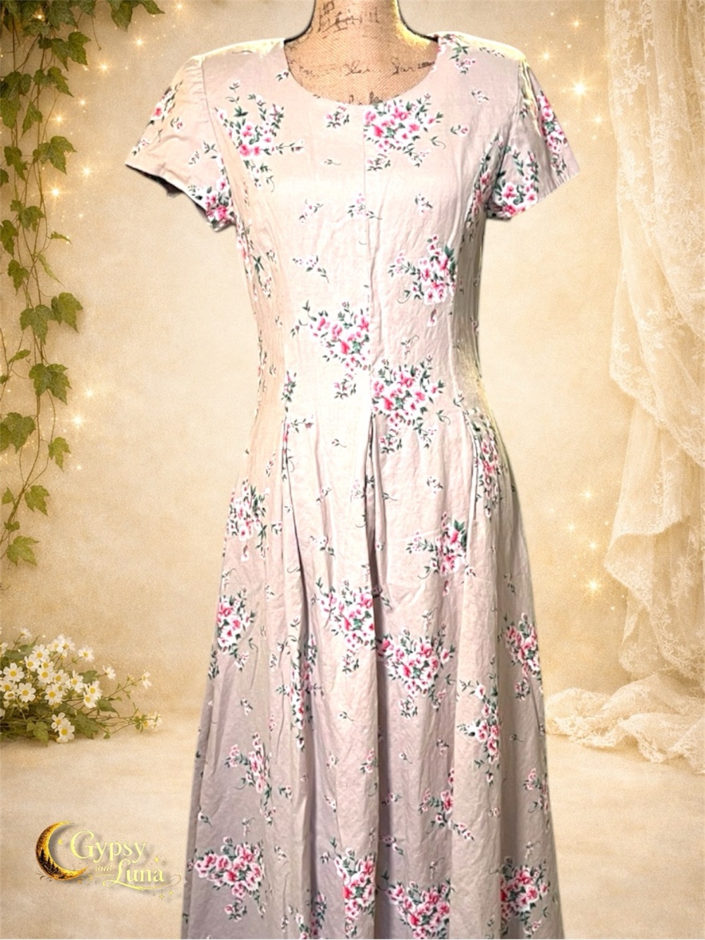 Vintage Floral Handmade Cotton Dress with Pleats - Size S